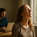 Žena relaxuje pri okne, muž pracuje za laptopom.