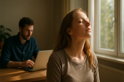 Žena relaxuje pri okne, muž pracuje za laptopom.