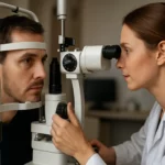 Vyšetrenie zraku s očnou optikou a pacientom