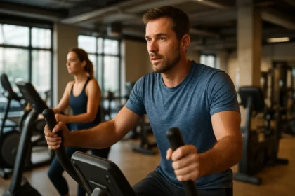 Cvičenie na eliptickom trenažéri v modernom fitness centre.
