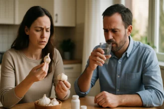 Žena a muž skúmajú cesnak a zvažujú jeho účinky na zdravie.