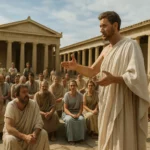 Diskusia o aténskej demokracii so skupinou občanov v starovekom Grécku.