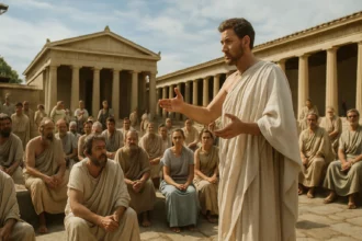 Diskusia o aténskej demokracii so skupinou občanov v starovekom Grécku.