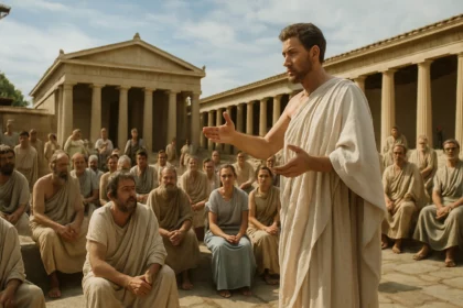 Diskusia o aténskej demokracii so skupinou občanov v starovekom Grécku.