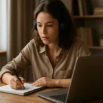 Žena sa učí online a píše si poznámky, podporuje digitálne vzdelávanie.