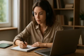 Žena sa učí online a píše si poznámky, podporuje digitálne vzdelávanie.