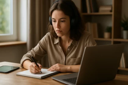 Žena sa učí online a píše si poznámky, podporuje digitálne vzdelávanie.