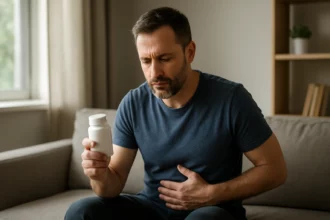 Muž drží tabletky Urotrin pre zdravie prostaty a vitality.