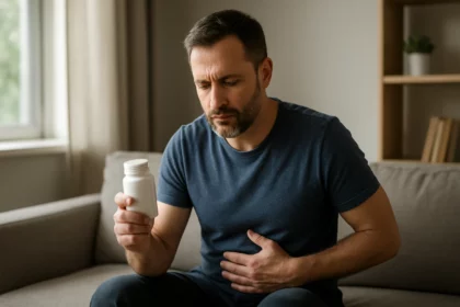 Muž drží tabletky Urotrin pre zdravie prostaty a vitality.