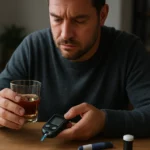 Muž s glykózovým meterom a pohárom alkoholu.