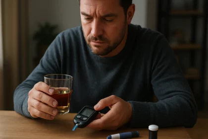 Muž s glykózovým meterom a pohárom alkoholu.