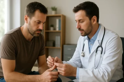 Lekár konzultuje muža o zdraví uzdičky predkožky.