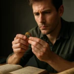 Muž skúma Atlantídový prsteň nad knihou s tajomstvami histórie.