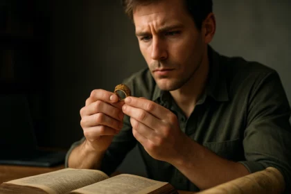 Muž skúma Atlantídový prsteň nad knihou s tajomstvami histórie.