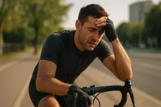 Cyklista sa cíti unavený a skúma riziká spojené s jazdou na bicykli.