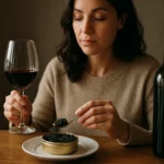 Žena si vychutnáva kaviár a víno na stoloch.