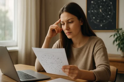 Žena analyzuje horoskop na dennej predpovedi pri počítači.