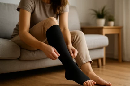 Žena si oblieká čierne kompresné ponožky na nohy v obývacej izbe.