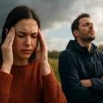 Žena s bolesťou hlavy a muž so zatvorenými očami v prírode