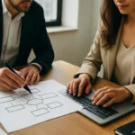 Dvojica profesionálov pracuje na biznis pláne s diagramom