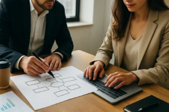 Dvojica profesionálov pracuje na biznis pláne s diagramom