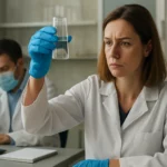 Laboratórny technik analyzuje roztok v skúmavke za prísneho dohladu