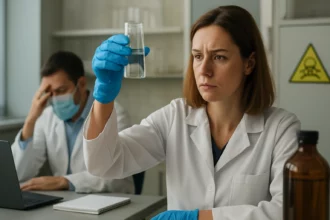 Laboratórny technik analyzuje roztok v skúmavke za prísneho dohladu