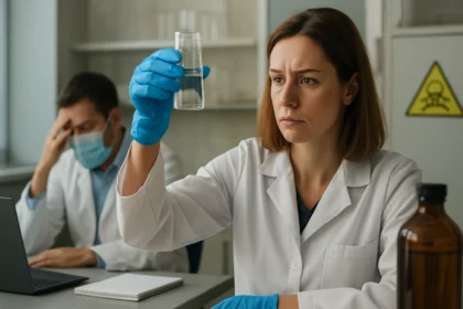 Laboratórny technik analyzuje roztok v skúmavke za prísneho dohladu