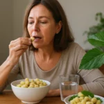 Žena konzumuje bielu morušu z misky pri stole.