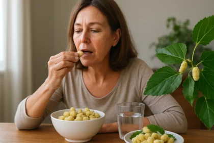 Žena konzumuje bielu morušu z misky pri stole.