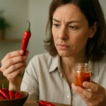 Žena skúma červenú chilli papričku a korenie.