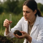 Vedkyňa skúma pôdu a baktérie v ekosystéme.