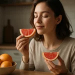 Žena si vychutnáva grapefruit, zdravé ovocie v kuchyni.
