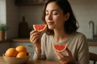 Žena si vychutnáva grapefruit, zdravé ovocie v kuchyni.
