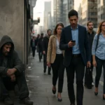 Mestská ulica s prechádzajúcimi ľuďmi a bezdomovcom sediacim na chodníku.