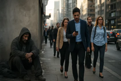 Mestská ulica s prechádzajúcimi ľuďmi a bezdomovcom sediacim na chodníku.