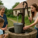 Ženy a dievča pri verejnej studni, symbol komunitného života.