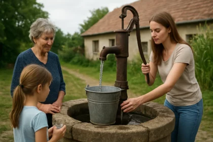 Ženy a dievča pri verejnej studni, symbol komunitného života.