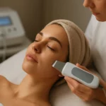Žena podstupuje ultrazvukové ošetrenie tváre pre zlepšenie pleti.