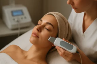Žena podstupuje ultrazvukové ošetrenie tváre pre zlepšenie pleti.