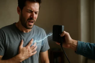 Muž prežíva elektrický prúd, ktorý ho zraňuje, pokiaľ si nedáva pozor.