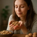 Žena si vychutnáva orechy pre ich zdravotné výhody.