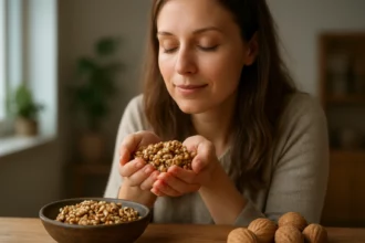Žena si vychutnáva orechy pre ich zdravotné výhody.