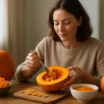 Žena pripravuje tekvicu v kuchyni, obklopená čerstvými tekvicami.