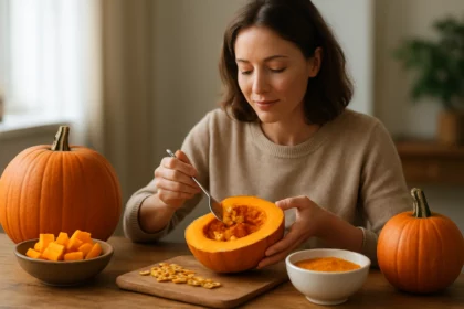Žena pripravuje tekvicu v kuchyni, obklopená čerstvými tekvicami.