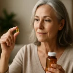 Žena zvažuje užívanie kapsuly koenzýmu Q10 pre zdravie.