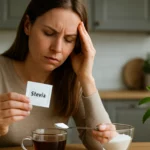 Žena s bolesťou hlavy skúma stéviu ako prírodné sladidlo.