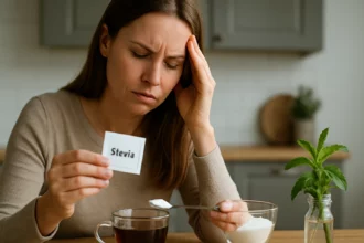 Žena s bolesťou hlavy skúma stéviu ako prírodné sladidlo.