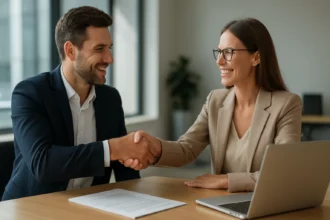 Zamestnanec a zamestnávateľ si podávajú ruky pri uzatváraní pracovnej zmluvy.