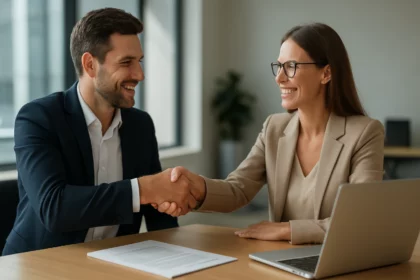 Zamestnanec a zamestnávateľ si podávajú ruky pri uzatváraní pracovnej zmluvy.